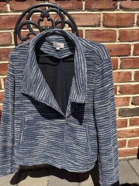 LOFT Blue & White Tweed Zip Jacket